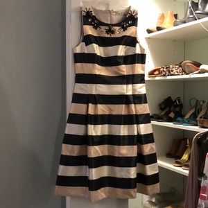 Striped Cocktail Dress with Embellished Neckline